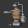 Modern Dental Treatment Chair Featuring Orange Seat White Frame Treatment Light And Instrument Arm