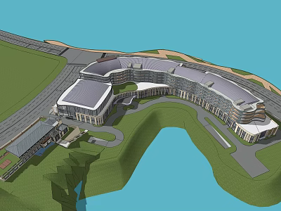 Modern Hotel Building With Curved Design Connected Structures And Waterfront Green Landscape 3d model