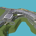Modern Hotel Building With Curved Design Connected Structures And Waterfront Green Landscape