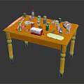 Assorted Food Items On Yellow Table With Bread Milk Eggs And Drinks