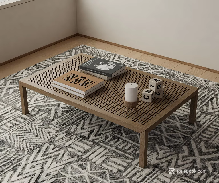 Light Wooden Coffee Table With Books Candle And Dice On Geometric Rug 3d model 