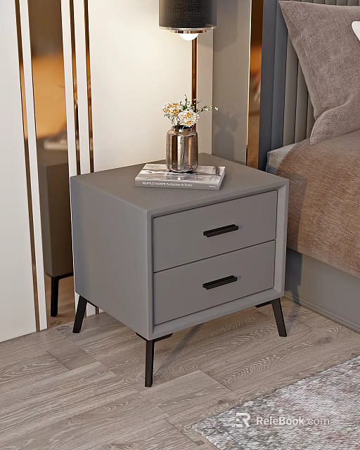Modern Gray Nightstand with Two Drawers Black Handles and Vase on Top Next to Bed 3d model 