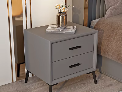 Modern Gray Nightstand with Two Drawers Black Handles and Vase on Top Next to Bed 3d model