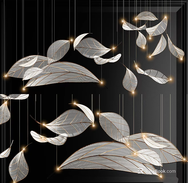 Modern Leaf Shaped Chandelier With Illuminated Lights Against Black Background 3d model 