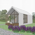 Modern Detached Villa With White Facade Large Glass Windows Wooden Elements Garden And People Walking