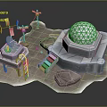 Cartoon Scene of Scientific Base With Dome Tower Ladder Satellite Dish Weathervane and Rocky Ground