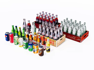 Assorted Beverage Bottles Of Different Types And Colors In Wooden Crates 3d model