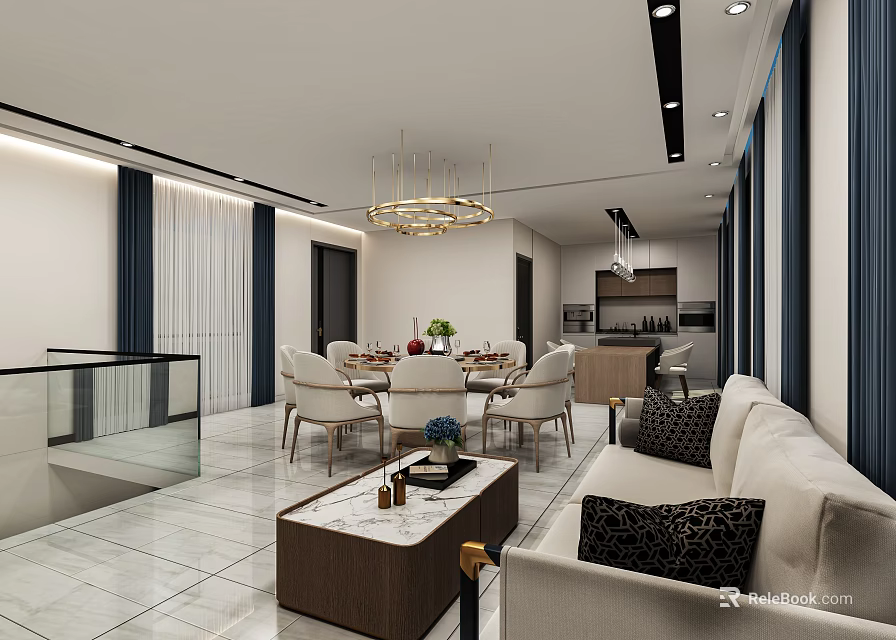 Modern Office Interior With Lounge Area Coffee Table Dining Table Sofa Chandelier And Large Windows 3d model