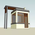 Modern Small Building Structure With Large Windows Supporting Columns And Overhanging Roof
