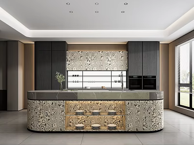 Modern Kitchen Interior Design With Patterned Island Backsplash Dark Cabinets And Windows 3d model