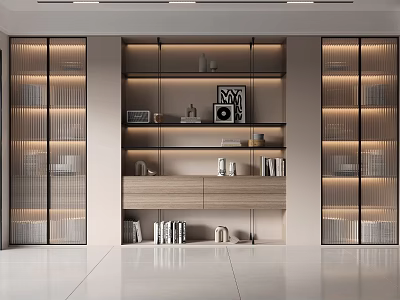 Modern Built in Bookcase Interior Design With Glass Doors Books Decorative Items And Integrated Lighting 3d model