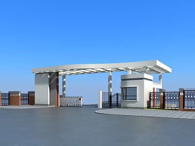 Modern Entrance Gate Design With White Canopy Security Booth And Black Iron Fences 3d model