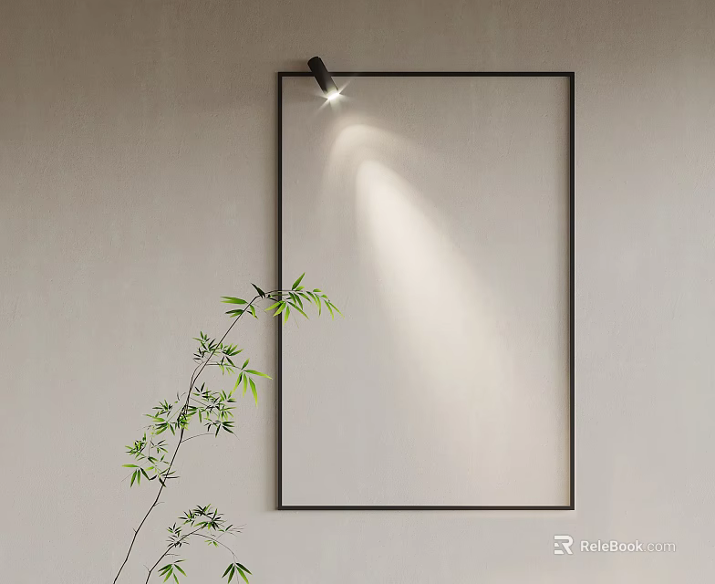 Modern Minimalist Wall Light Illuminating Black Frame On Light Colored Wall With Green Plant 3d model 