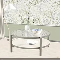 Round Coffee Table With Glass Top Woven Shelf Flower Vase Blueberries Books And Floral Wallpaper