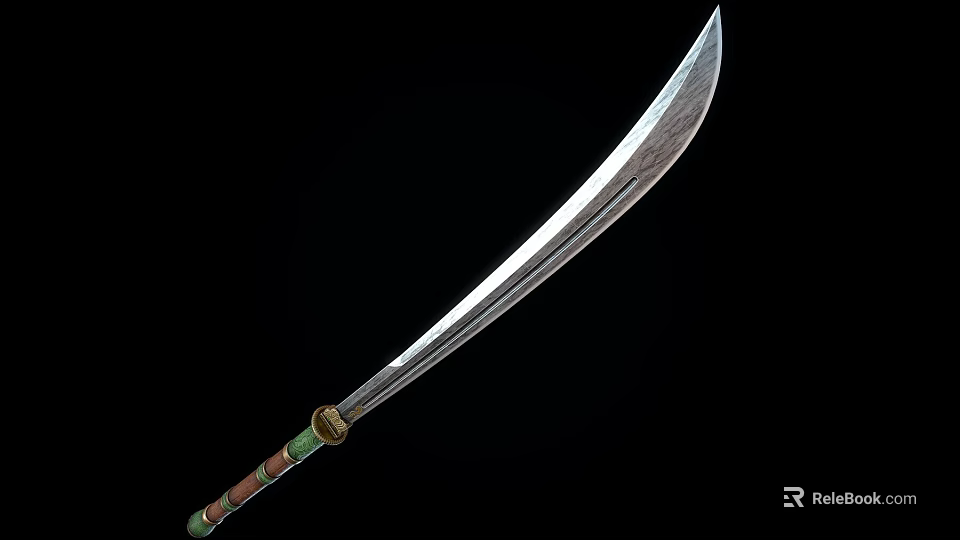 Traditional Long Blade Weapon With Silver Edge And Green Gold Decorative Handle 3d model 