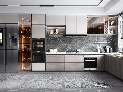 Modern Open Kitchen Interior With Marble Island Counter Appliances And Cabinets 3d model