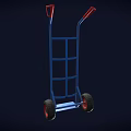 Blue Frame Hand Truck With Red Handles And Red Wheels For Transport