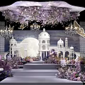 Wedding Stage with White Architectural Decorations Purple Pink Floral Arrangements and Dining Tables