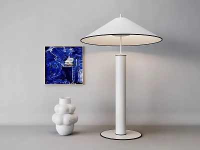 White Floor Lamp With Shade In Modern Interior Featuring Blue Artwork And Ceramic Vase 3d model