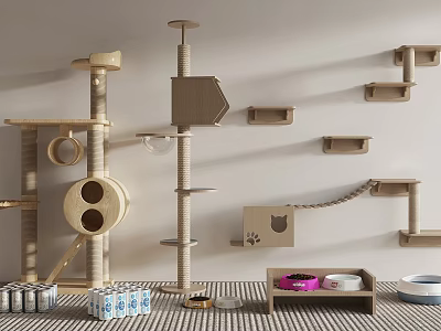 Wooden Cat Display Shelves Wall Mounted And Floor Standing With Cat Food Bowls And Accessories 3d model