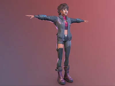 Woman With Arms Outstretched In Dark Jacket Red Top Ripped Pants Tall Boots Red Background 3d model