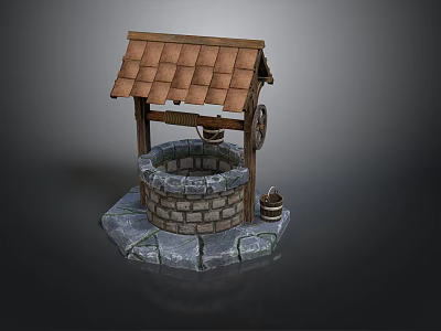 Traditional Well Structure With Tiled Roof Wooden Wheel And Stone Base 3d model