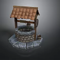 Traditional Well Structure With Tiled Roof Wooden Wheel And Stone Base