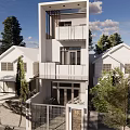 Modern Two Story Detached Villa With Balcony Trees And Fence Under Cloudy Sky