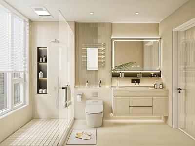 Modern Bathroom Interior With Shower Area Vanity Mirror Toilet And Light Colored Walls 3d model