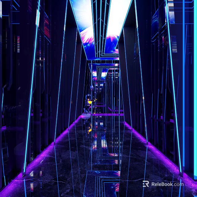 Modern KTV Corridor With Purple Blue Lighting Mirror Walls And Reflective Floor 3d model 