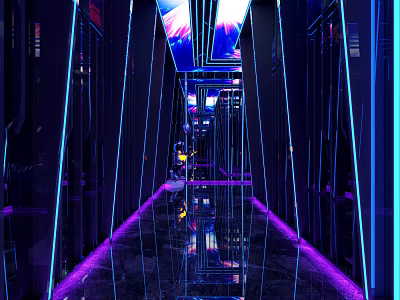 Modern KTV Corridor With Purple Blue Lighting Mirror Walls And Reflective Floor 3d model