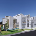 Modern White Sales Office Building Featuring Glass Facade Skylights Water Pools And Green Plants