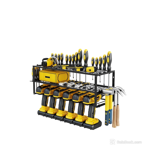 Organized Hardware Tools Set With Drills Screwdrivers Hammers On Metal Rack 3d model 