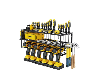 Organized Hardware Tools Set With Drills Screwdrivers Hammers On Metal Rack 3d model
