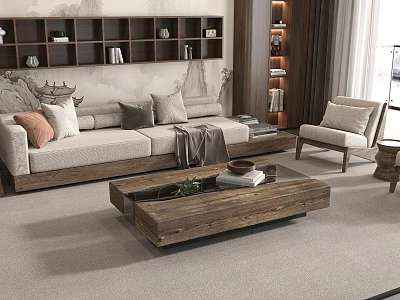 Modern Living Room Wooden Coffee Table With Sofa Bookshelf And Decorative Items 3d model