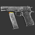 Detailed Metallic Pistol With Textured Grip And Yellow Magazine On Dark Background