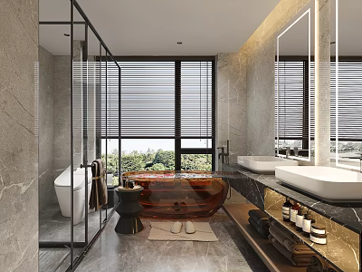 Modern Luxury Marble Bathroom With Freestanding Tub Double Vanity And Scenic Large Window View 3d model
