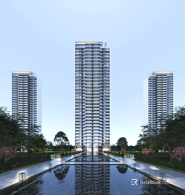 Modern High Rise Residential Buildings With Lush Trees And Central Water Pool 3d model 