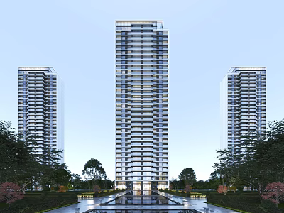 Modern High Rise Residential Buildings With Lush Trees And Central Water Pool 3d model