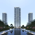 Modern High Rise Residential Buildings With Lush Trees And Central Water Pool
