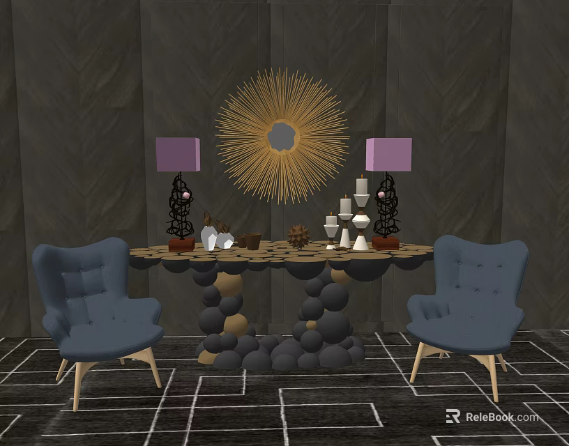 Stylish Console Table With Blue Armchairs Gold Sunburst Mirror And Decorative Items 3d model 