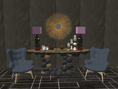 Stylish Console Table With Blue Armchairs Gold Sunburst Mirror And Decorative Items 3d model