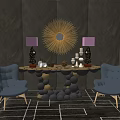Stylish Console Table With Blue Armchairs Gold Sunburst Mirror And Decorative Items