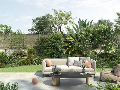 Outdoor Courtyard Garden With Cozy Sofa Plush Cushions Coffee Table Armchair And Lush Green Plants 3d model