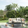 Outdoor Courtyard Garden With Cozy Sofa Plush Cushions Coffee Table Armchair And Lush Green Plants
