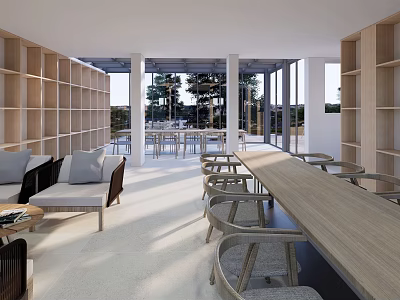 Book Art Inspired Library Interior With Wooden Bookshelves Sofas Long Table And Natural Light 3d model