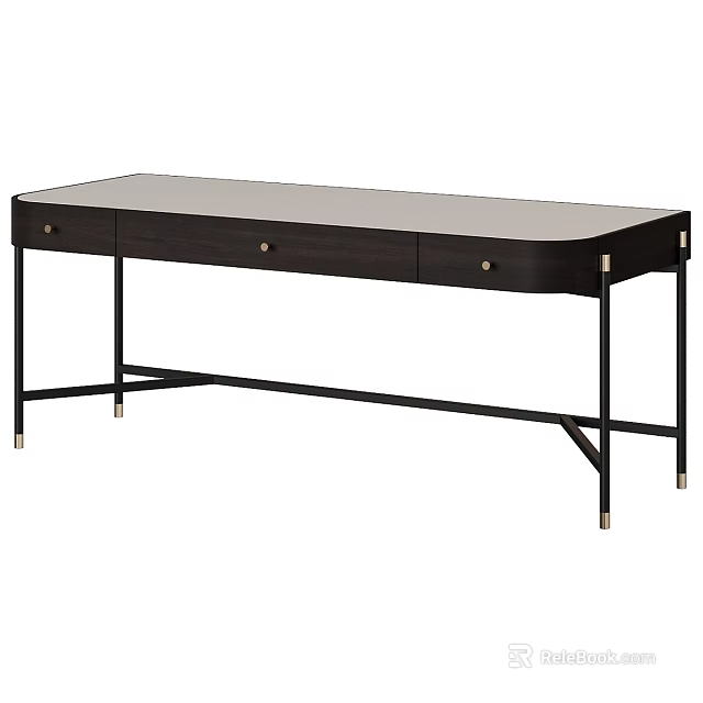 Modern Functional Desk With Wooden Top Black Metal Legs And Drawers For Home Office 3d model 