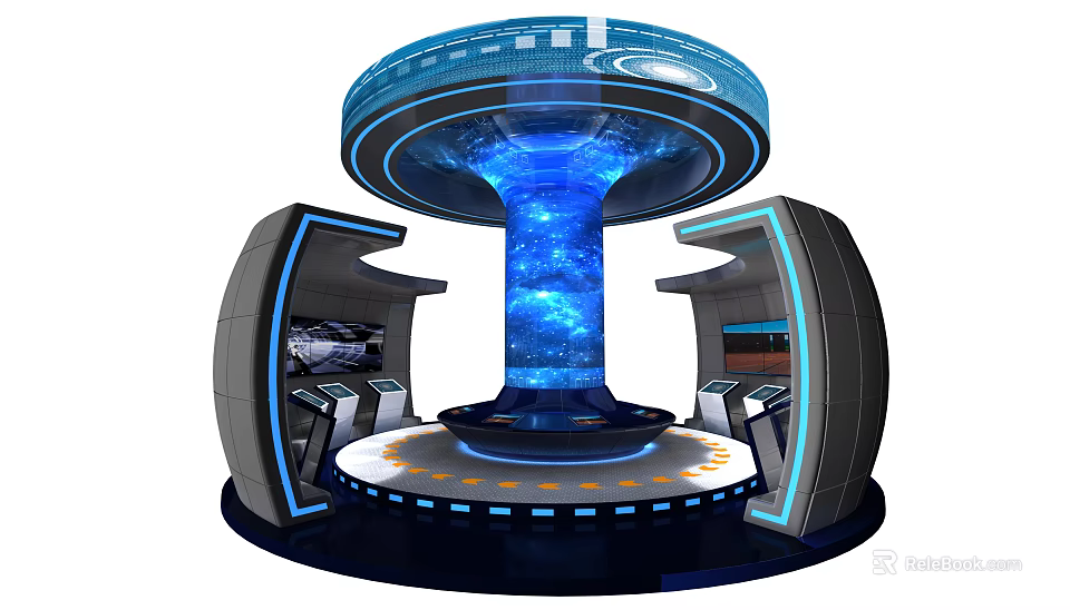 Futuristic Tech Structure with Central Blue Glowing Column and Control Panels 3d model