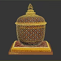 Decorative Container With Intricate Colorful Geometric Patterns And Gold Accents On Red Yellow Base