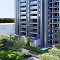 Modern High Rise Residential Apartment Buildings With Green Community Spaces And Roads